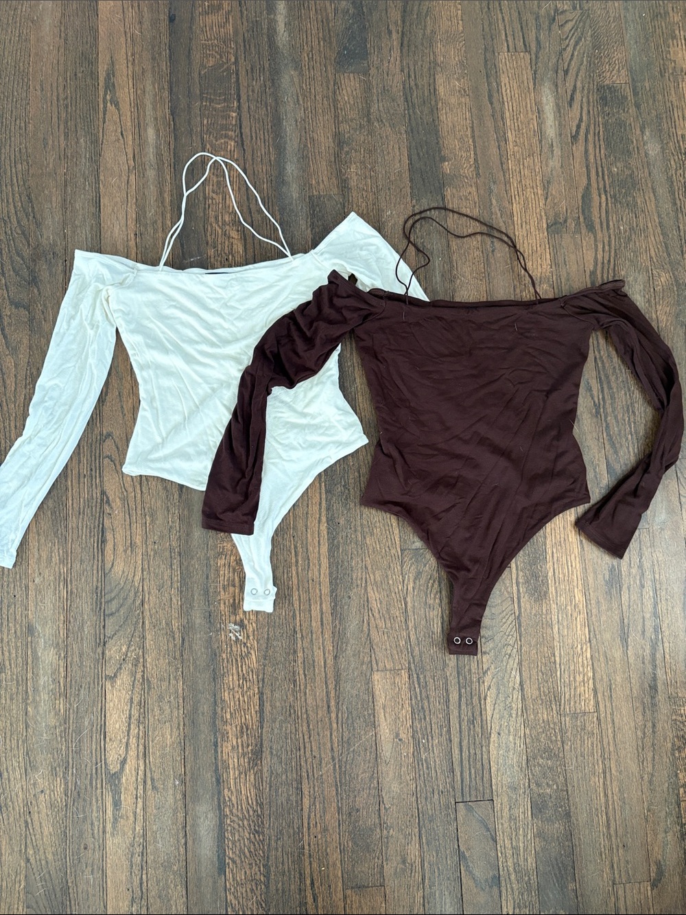 naked wardrobe Off-Shoulder Long Sleeve Bodysuit Duo in White and Dark Brown
